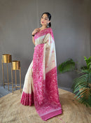 Luxurious White & Pink Color Tussar Silk Saree