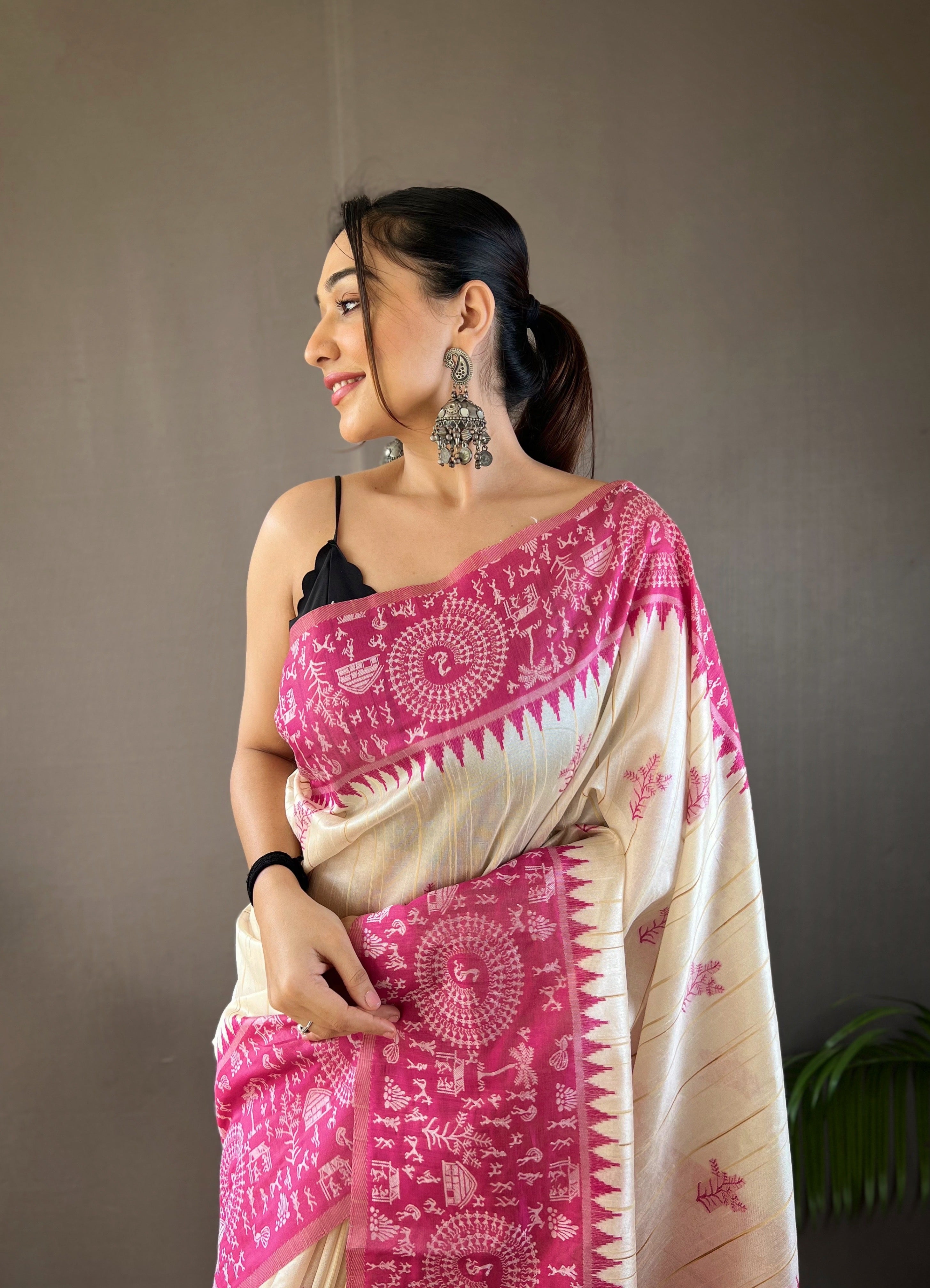 Luxurious White & Pink Color Tussar Silk Saree