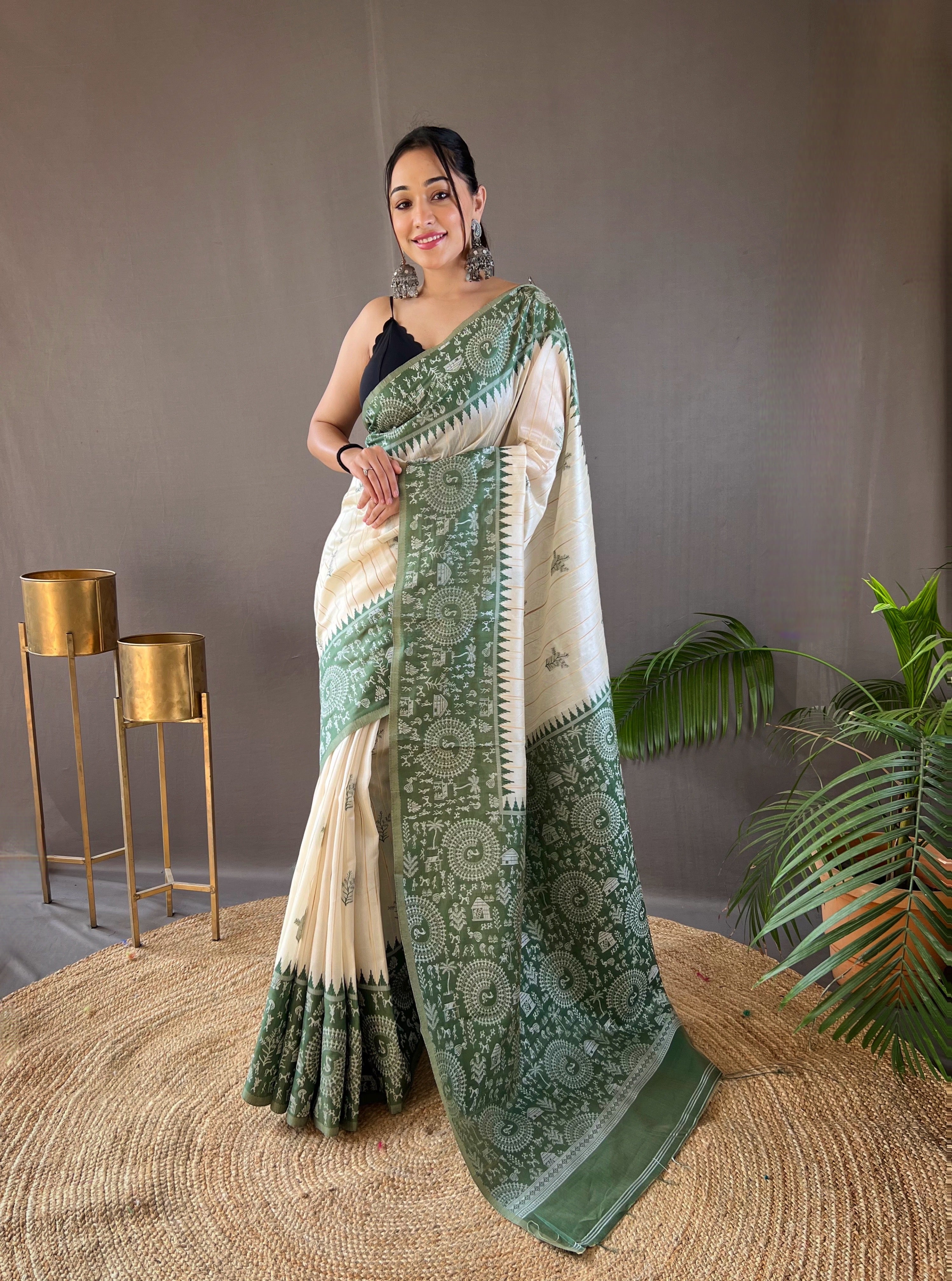 Captivating White & Green Color Tussar Silk Saree