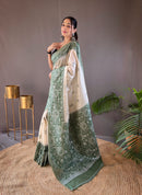 Captivating White & Green Color Tussar Silk Saree