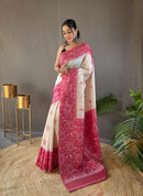 Radiant White & Red Color Tussar Silk Saree