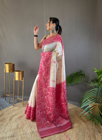 Radiant White & Red Color Tussar Silk Saree