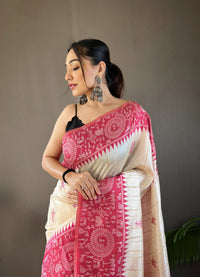 Radiant White & Red Color Tussar Silk Saree