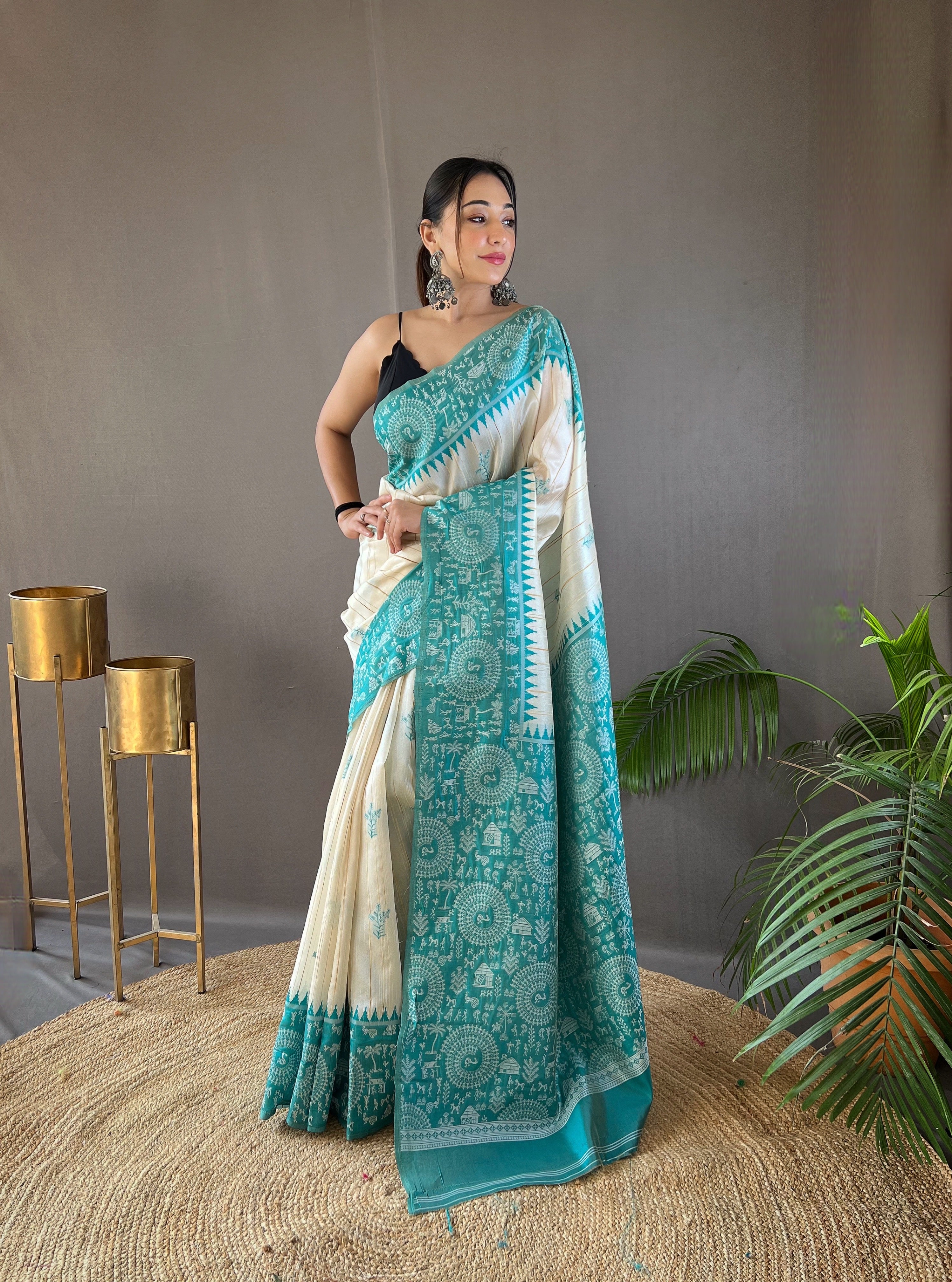 Dazzling White & Sky Color Tussar Silk Saree