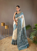 Gorgeous White & Sea Blue Color Tussar Silk Saree