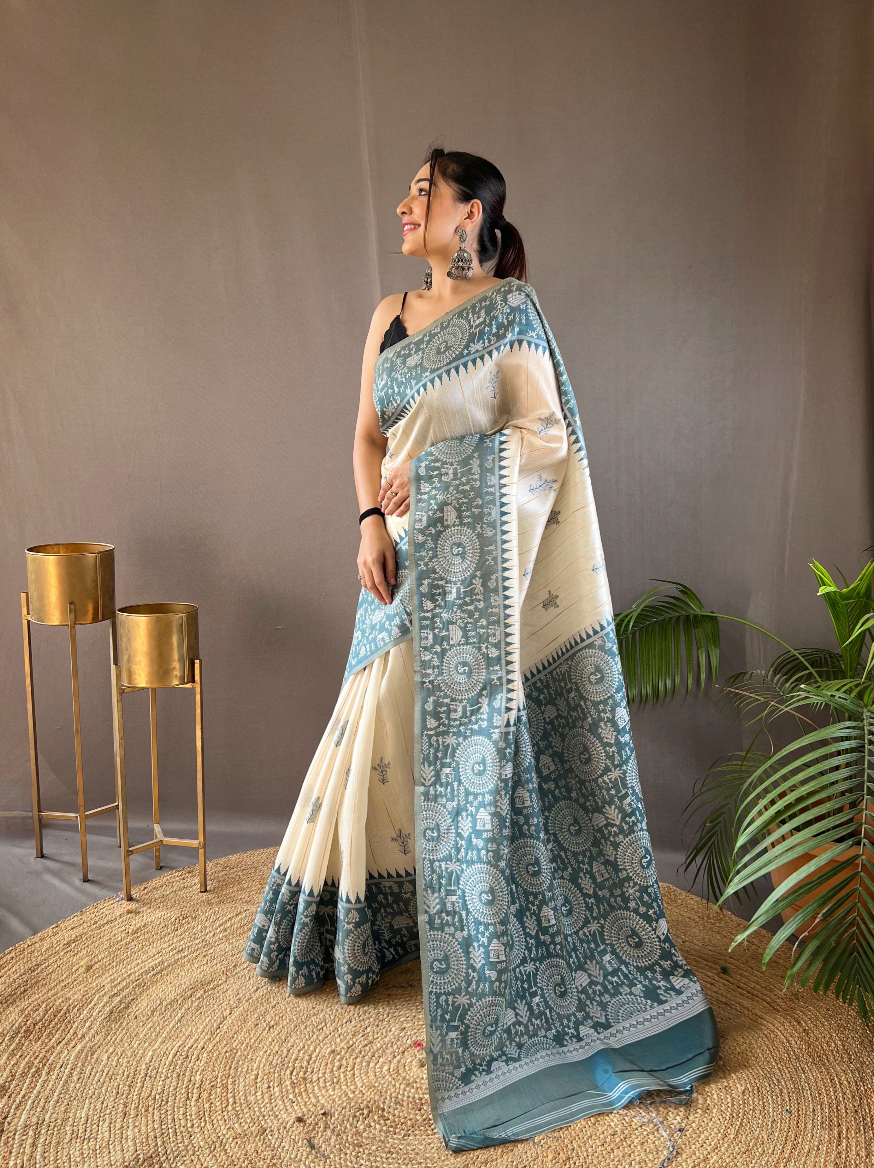 Gorgeous White & Sea Blue Color Tussar Silk Saree