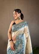 Gorgeous White & Sea Blue Color Tussar Silk Saree