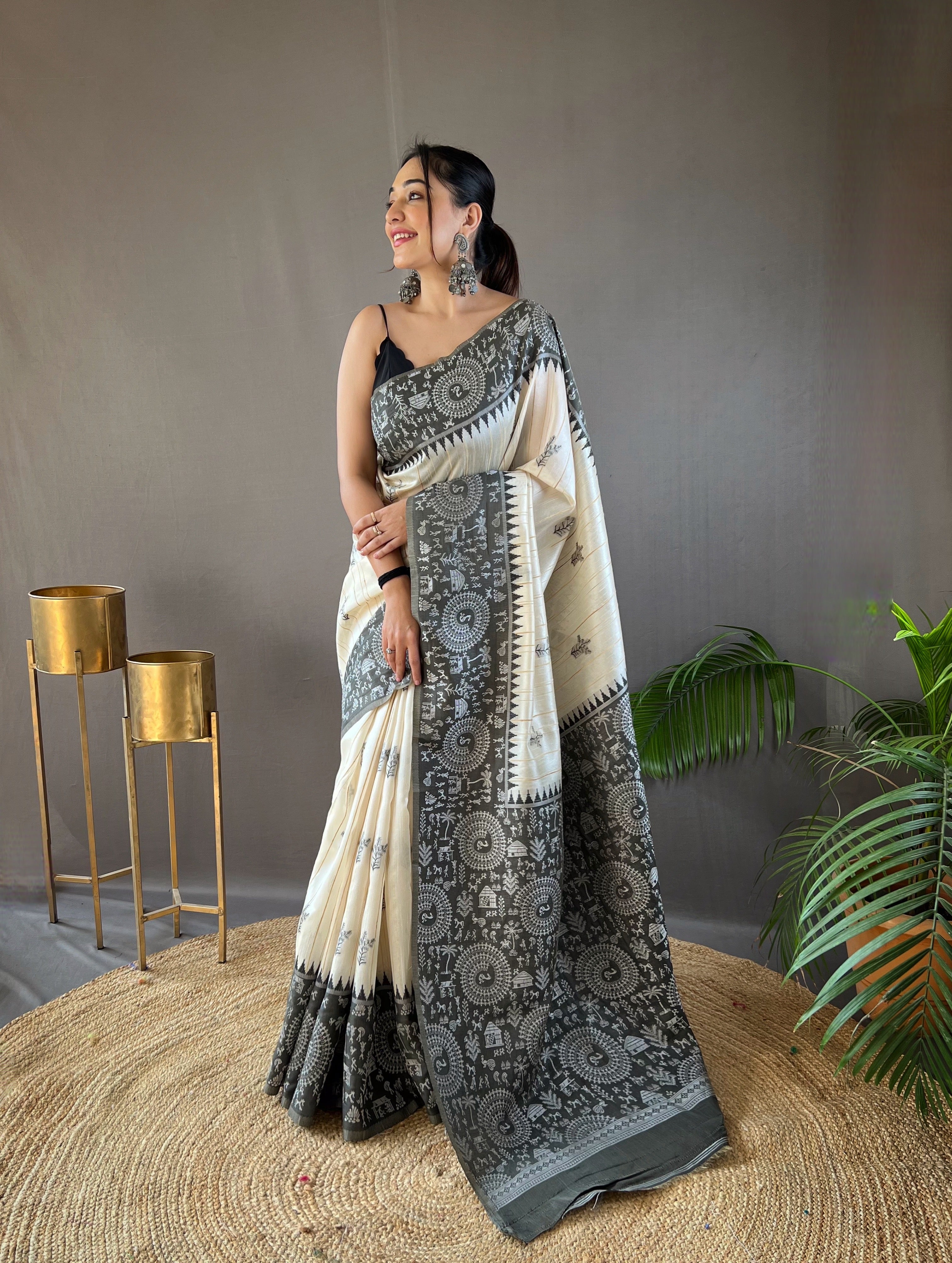 Mesmerizing White & Black Color Tussar Silk Saree