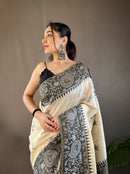 Mesmerizing White & Black Color Tussar Silk Saree