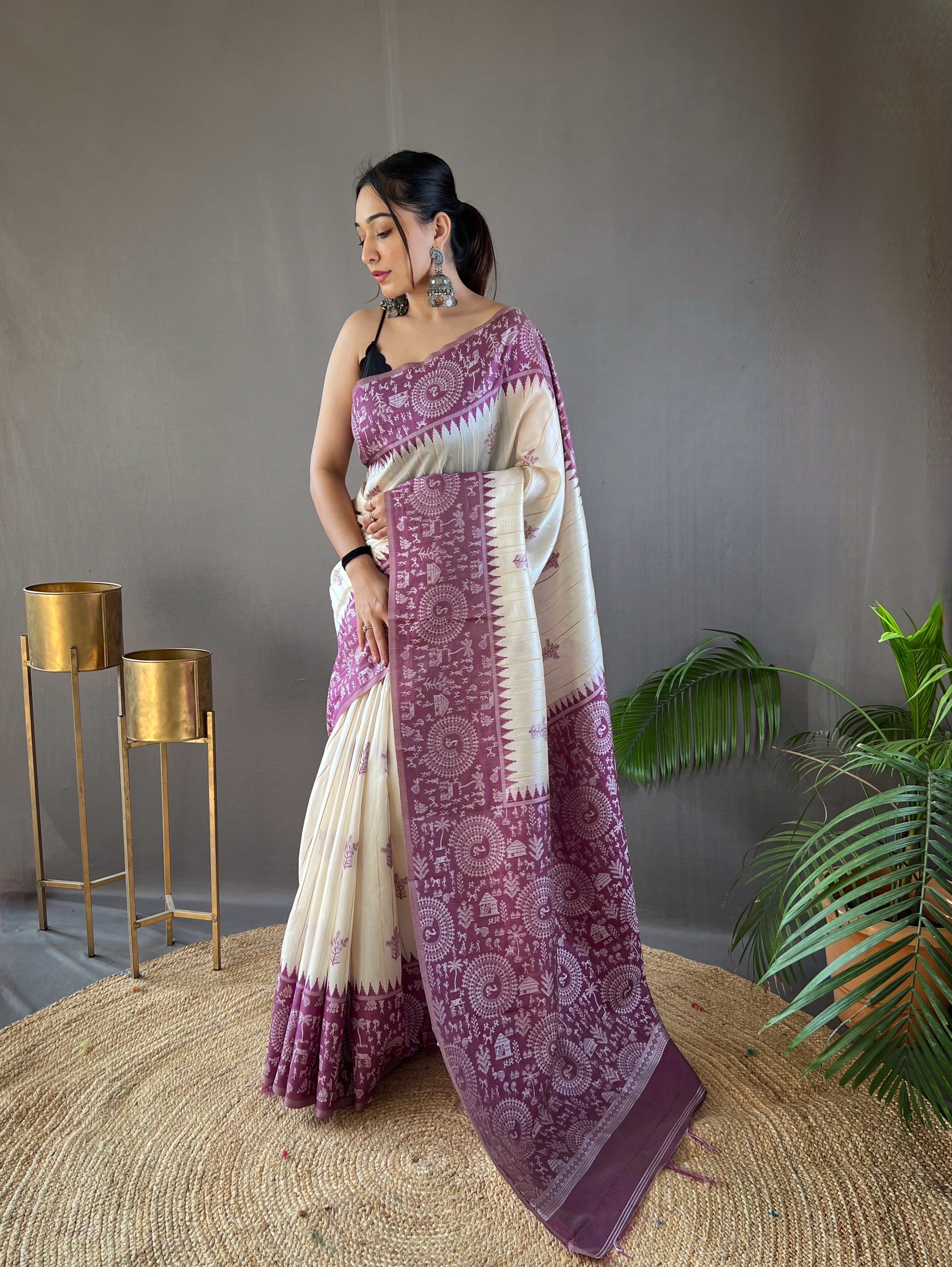 Awe-inspiring White & Wine Color Tussar Silk Saree