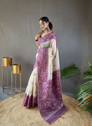 Awe-inspiring White & Wine Color Tussar Silk Saree