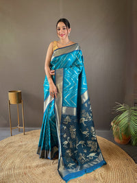 Dazzling Firozi Color Soft Silk Saree with Viscose Zari & Rich Ikkat Weaving on Pallu