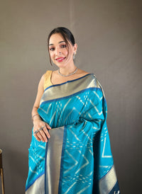 Dazzling Firozi Color Soft Silk Saree with Viscose Zari & Rich Ikkat Weaving on Pallu