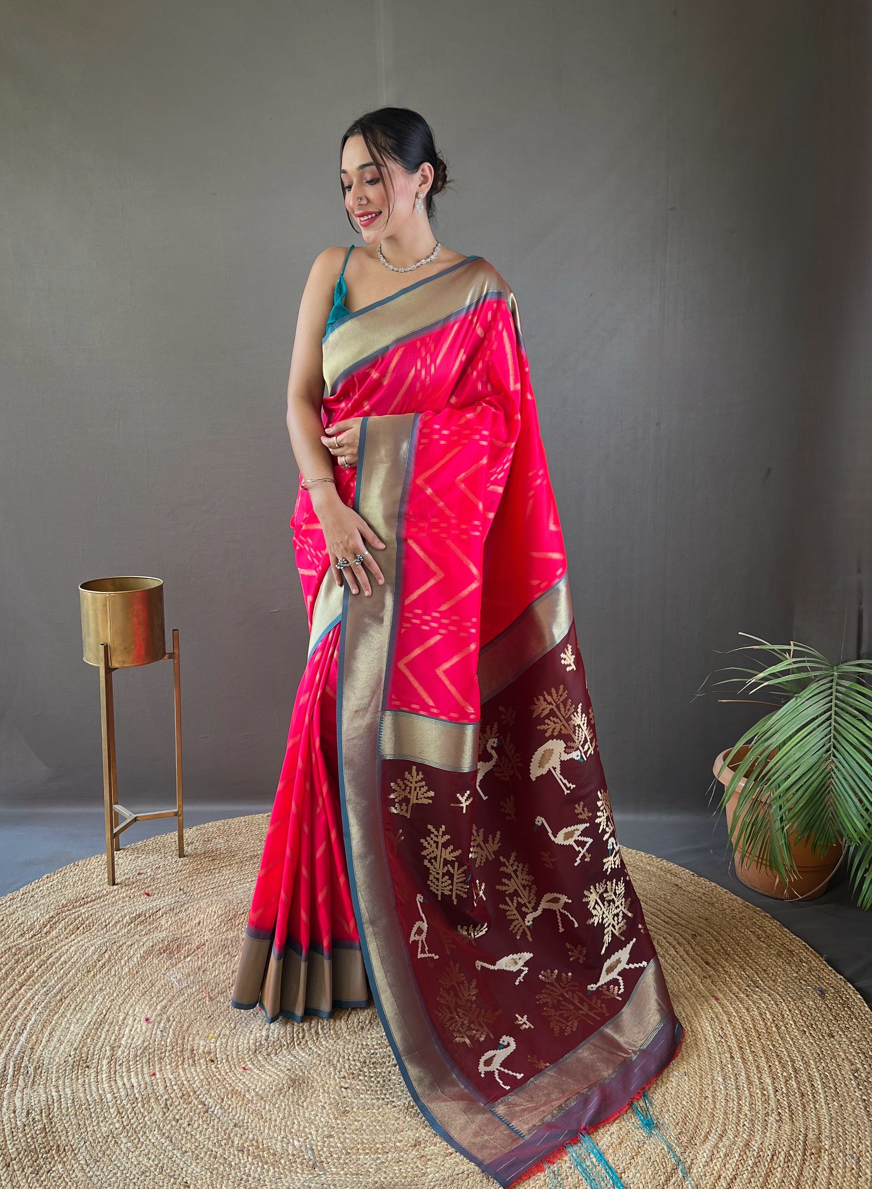 Gorgeous Pink Color Soft Silk Saree with Viscose Zari & Rich Ikkat Weaving on Pallu