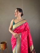 Gorgeous Pink Color Soft Silk Saree with Viscose Zari & Rich Ikkat Weaving on Pallu