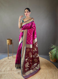 Mesmerizing Wine Color Soft Silk Saree with Viscose Zari & Rich Ikkat Weaving on Pallu