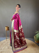 Mesmerizing Wine Color Soft Silk Saree with Viscose Zari & Rich Ikkat Weaving on Pallu