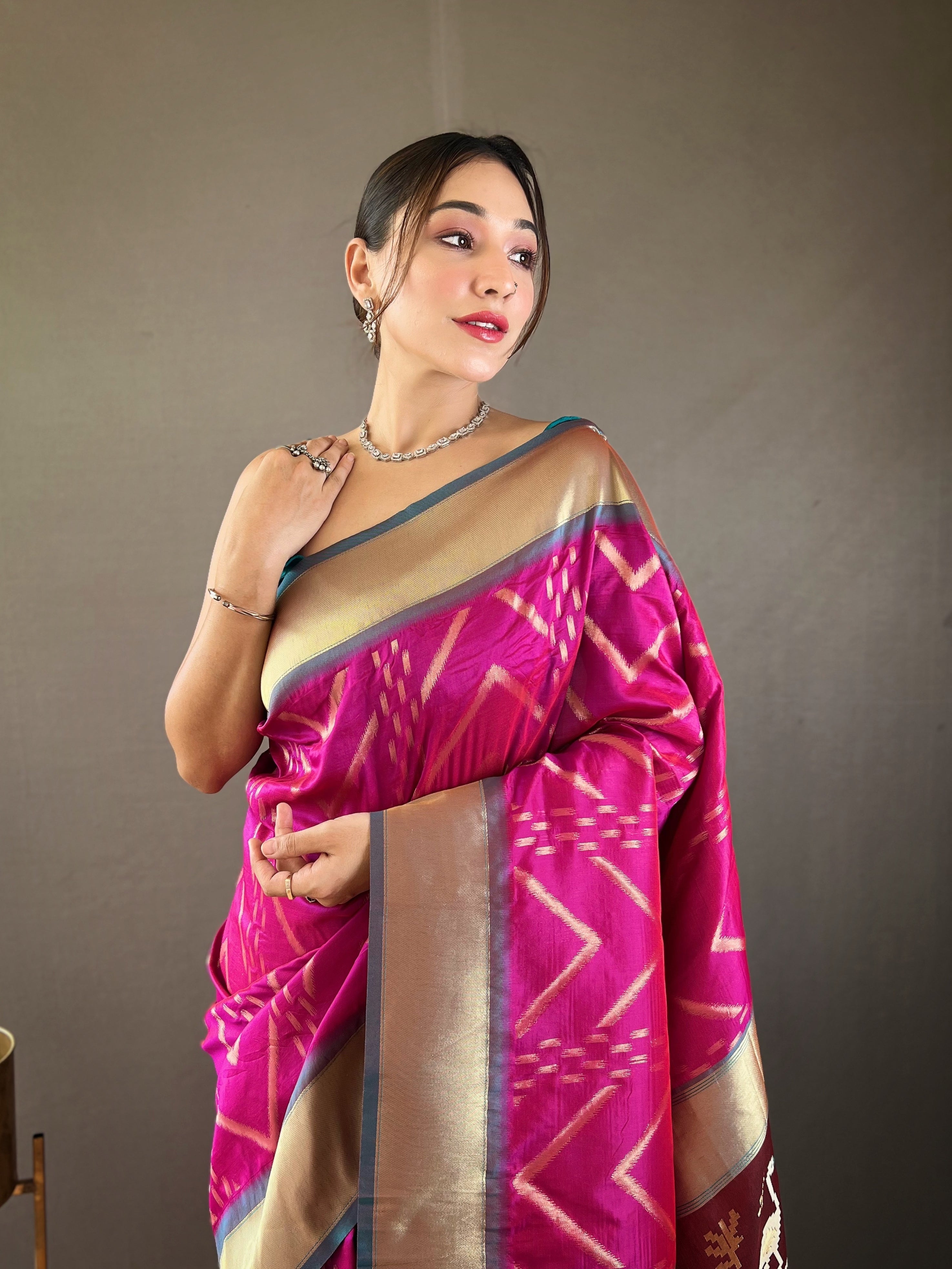 Mesmerizing Wine Color Soft Silk Saree with Viscose Zari & Rich Ikkat Weaving on Pallu