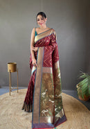 Awe-inspiring Maroon Color Soft Silk Saree with Viscose Zari & Rich Ikkat Weaving on Pallu