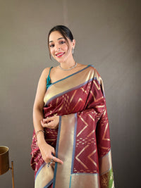 Awe-inspiring Maroon Color Soft Silk Saree with Viscose Zari & Rich Ikkat Weaving on Pallu