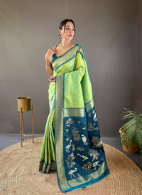 Serene Parrot Green Color Soft Silk Saree with Viscose Zari & Rich Ikkat Weaving on Pallu