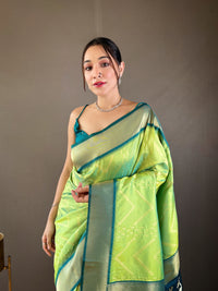 Serene Parrot Green Color Soft Silk Saree with Viscose Zari & Rich Ikkat Weaving on Pallu