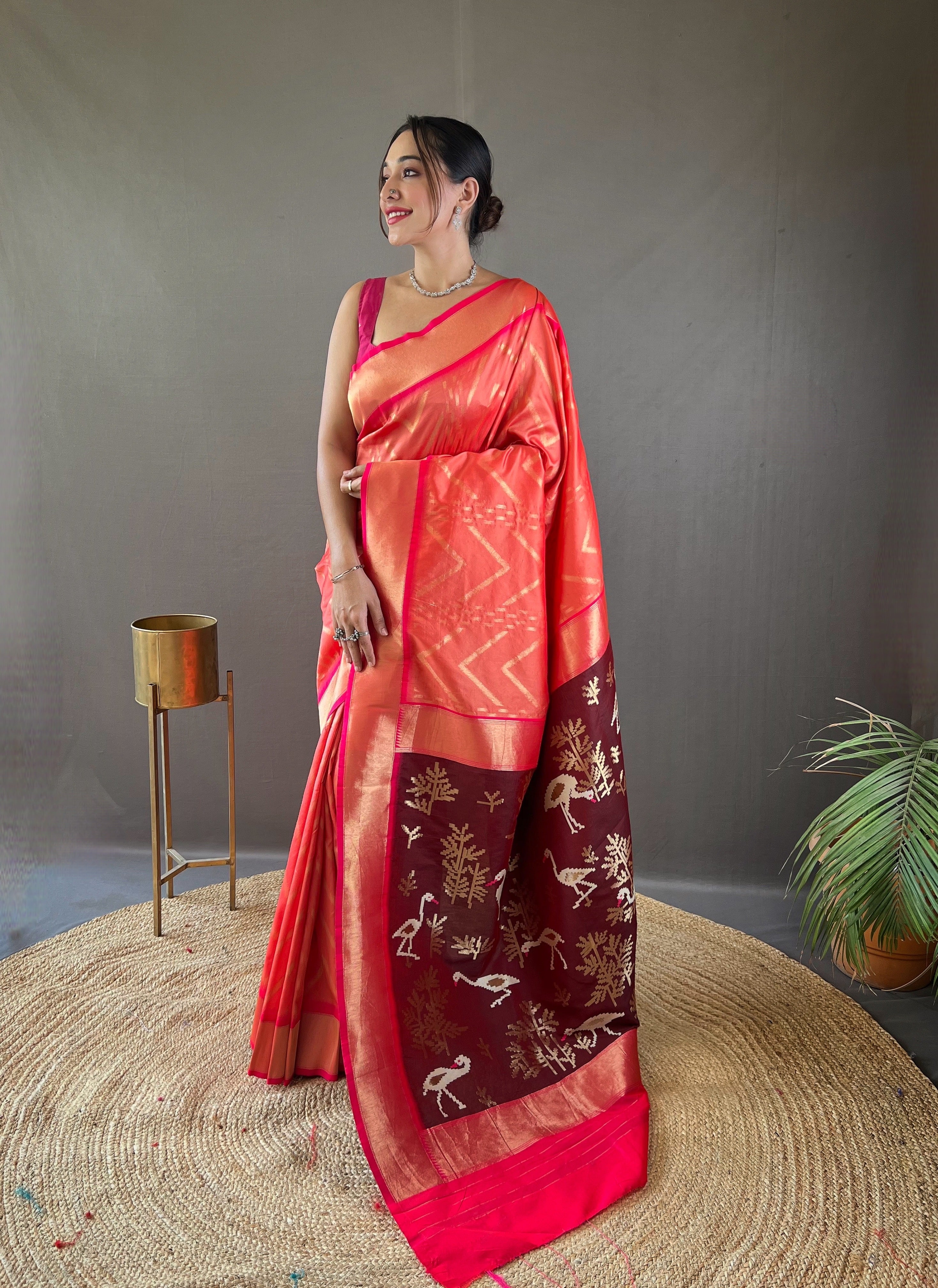 Ethereal Peach Color Soft Silk Saree with Viscose Zari & Rich Ikkat Weaving on Pallu