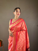 Ethereal Peach Color Soft Silk Saree with Viscose Zari & Rich Ikkat Weaving on Pallu