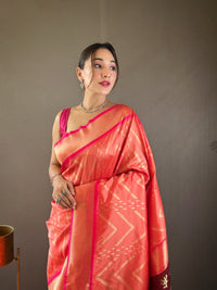 Ethereal Peach Color Soft Silk Saree with Viscose Zari & Rich Ikkat Weaving on Pallu