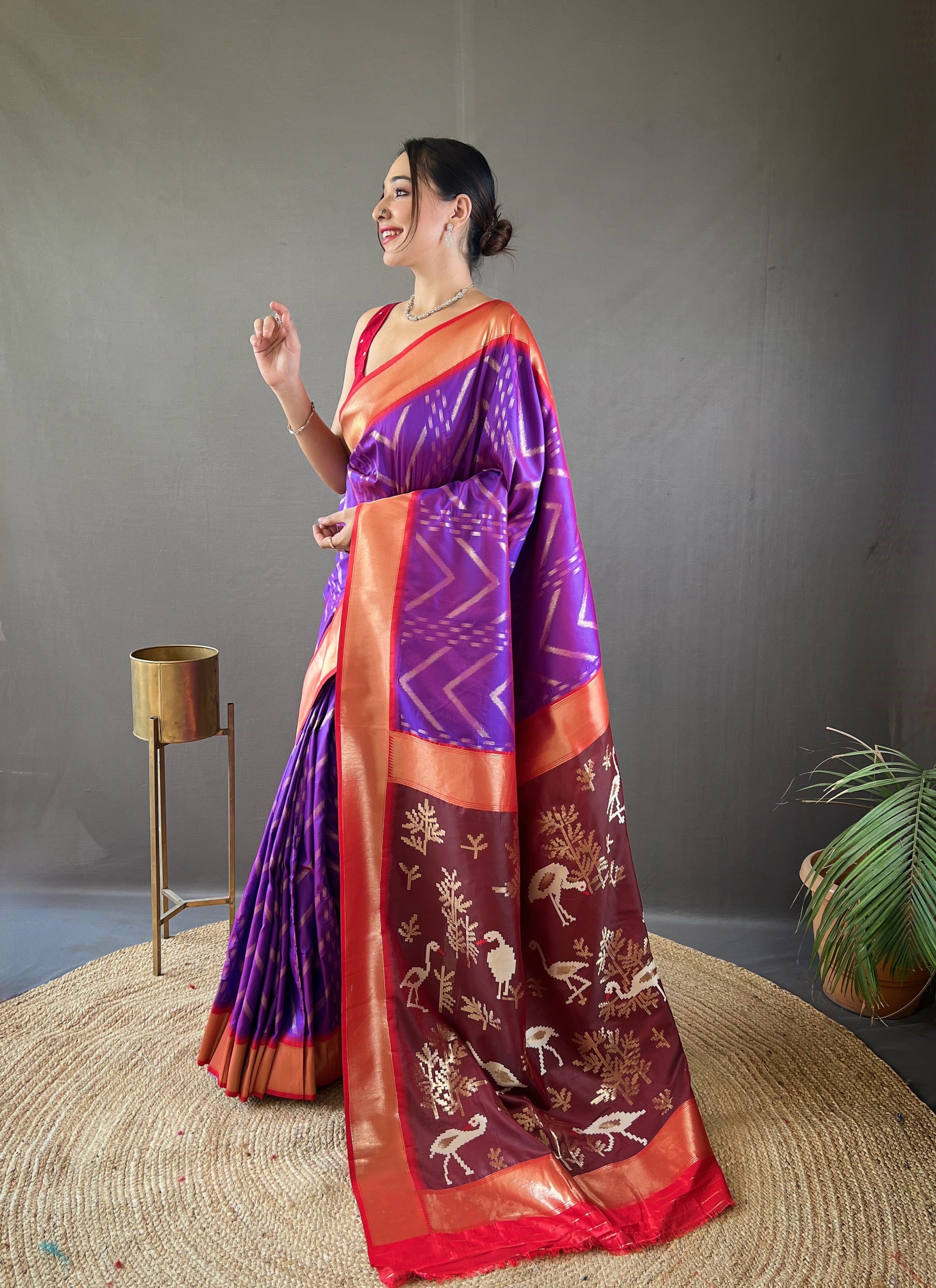 Blissful Violet Color Soft Silk Saree with Viscose Zari & Rich Ikkat Weaving on Pallu