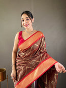 Enigmatic Coffee Color Soft Silk Saree with Viscose Zari & Rich Ikkat Weaving on Pallu