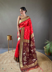 Whimsical Red Color Soft Silk Saree with Viscose Zari & Rich Ikkat Weaving on Pallu