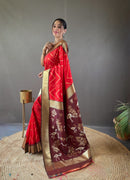 Whimsical Red Color Soft Silk Saree with Viscose Zari & Rich Ikkat Weaving on Pallu