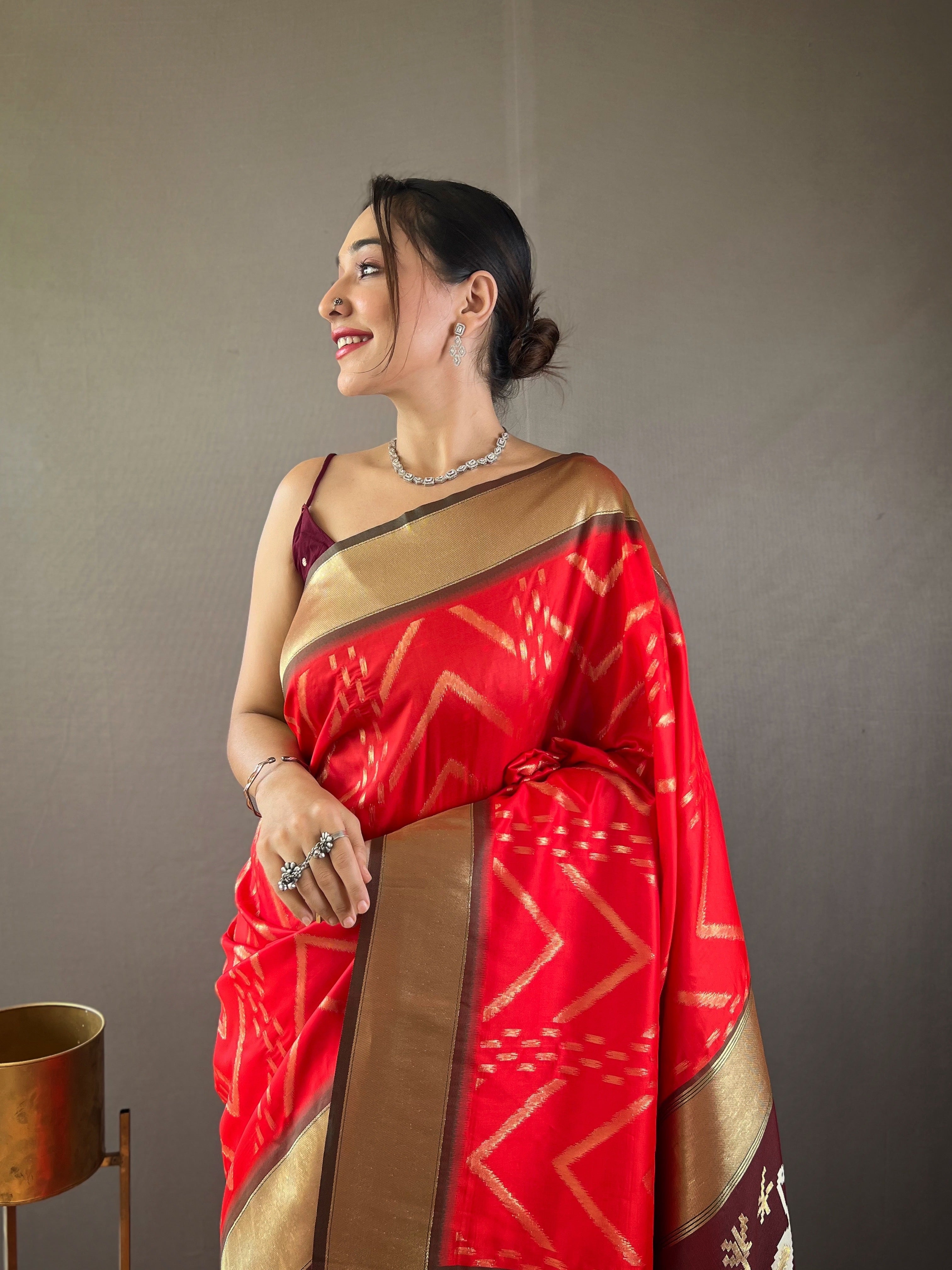 Whimsical Red Color Soft Silk Saree with Viscose Zari & Rich Ikkat Weaving on Pallu