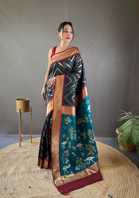 Vivacious Black Color Soft Silk Saree with Viscose Zari & Rich Ikkat Weaving on Pallu