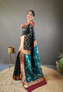 Vivacious Black Color Soft Silk Saree with Viscose Zari & Rich Ikkat Weaving on Pallu