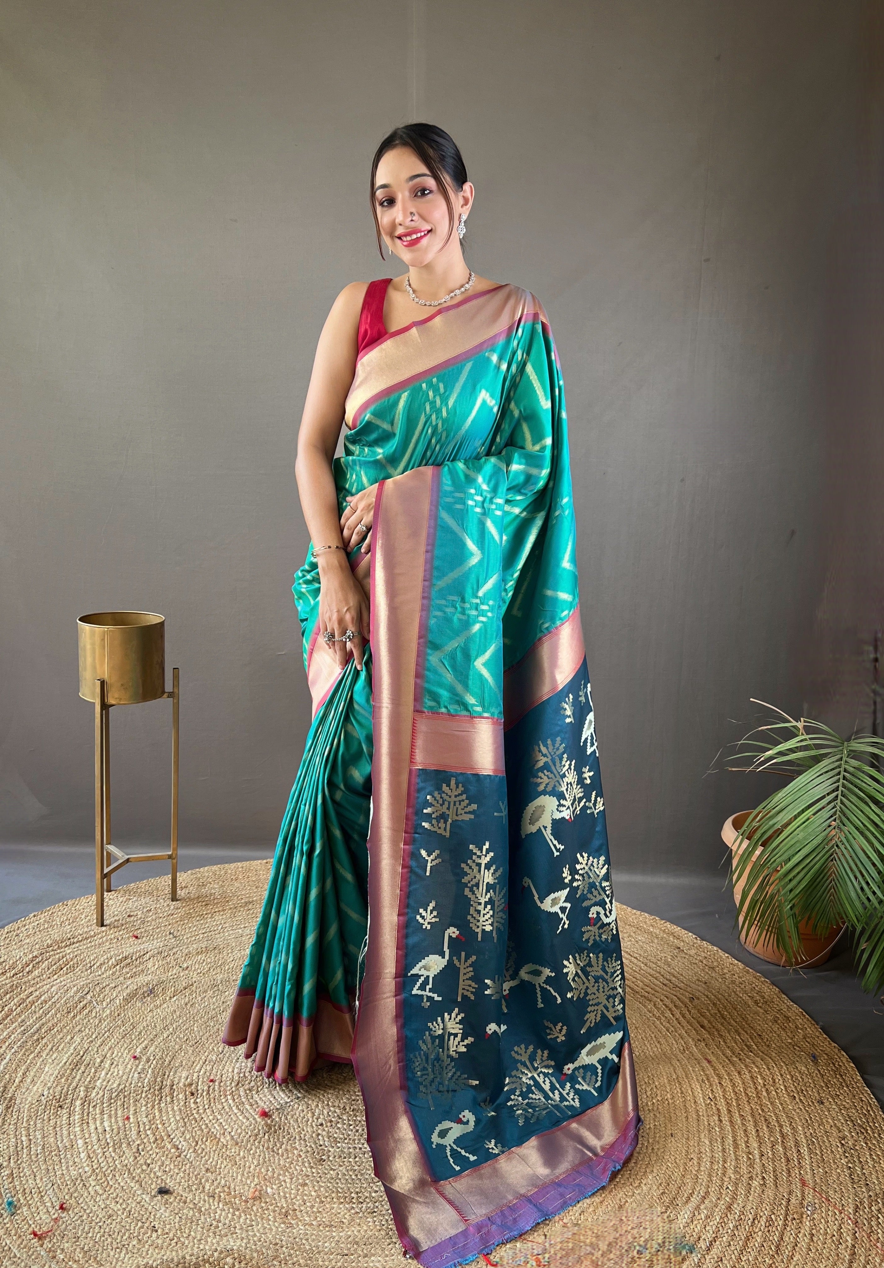 Harmonious Green Color Soft Silk Saree with Viscose Zari & Rich Ikkat Weaving on Pallu