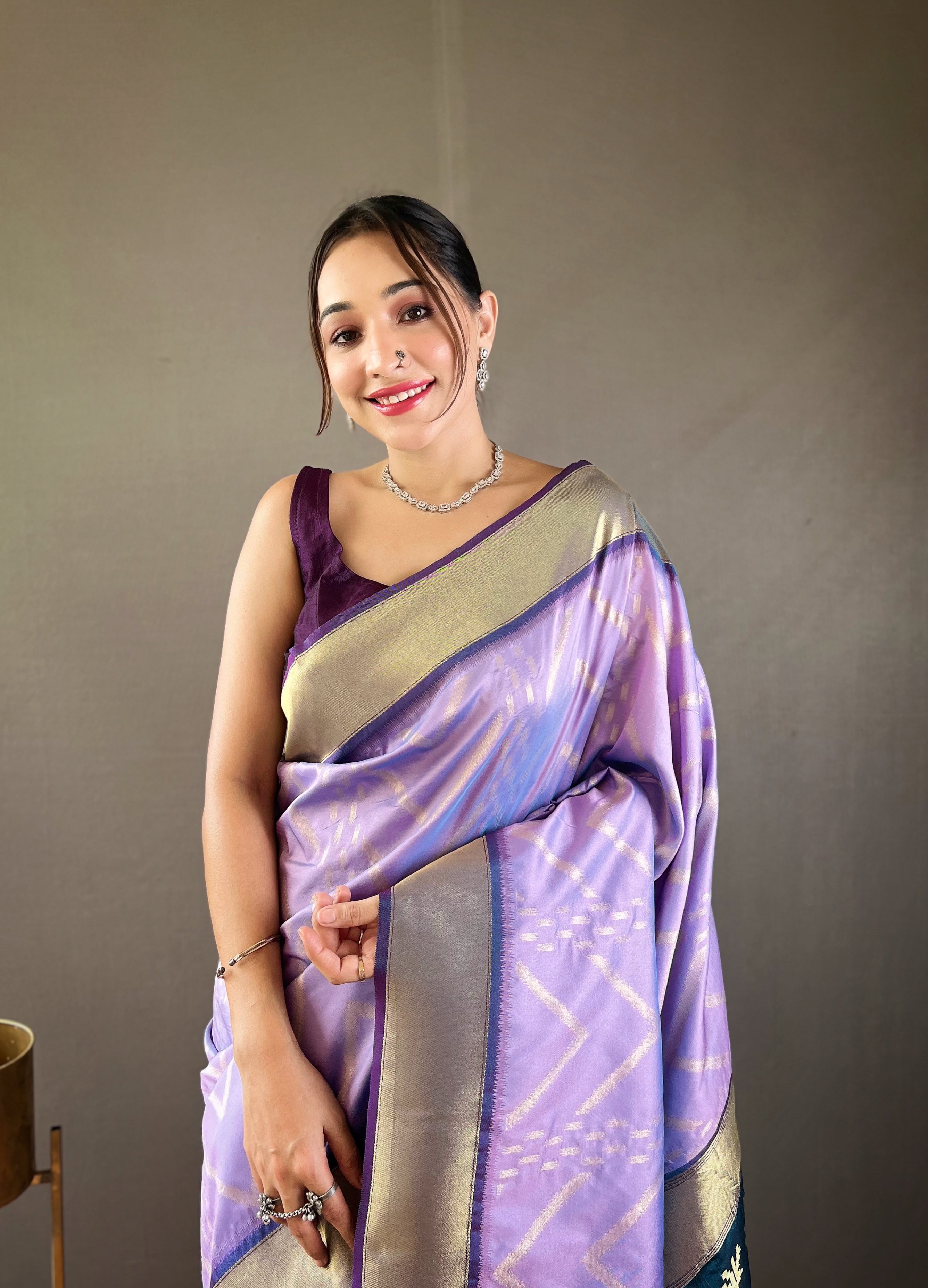 Splendorous Lavender Color Soft Silk Saree with Viscose Zari & Rich Ikkat Weaving on Pallu