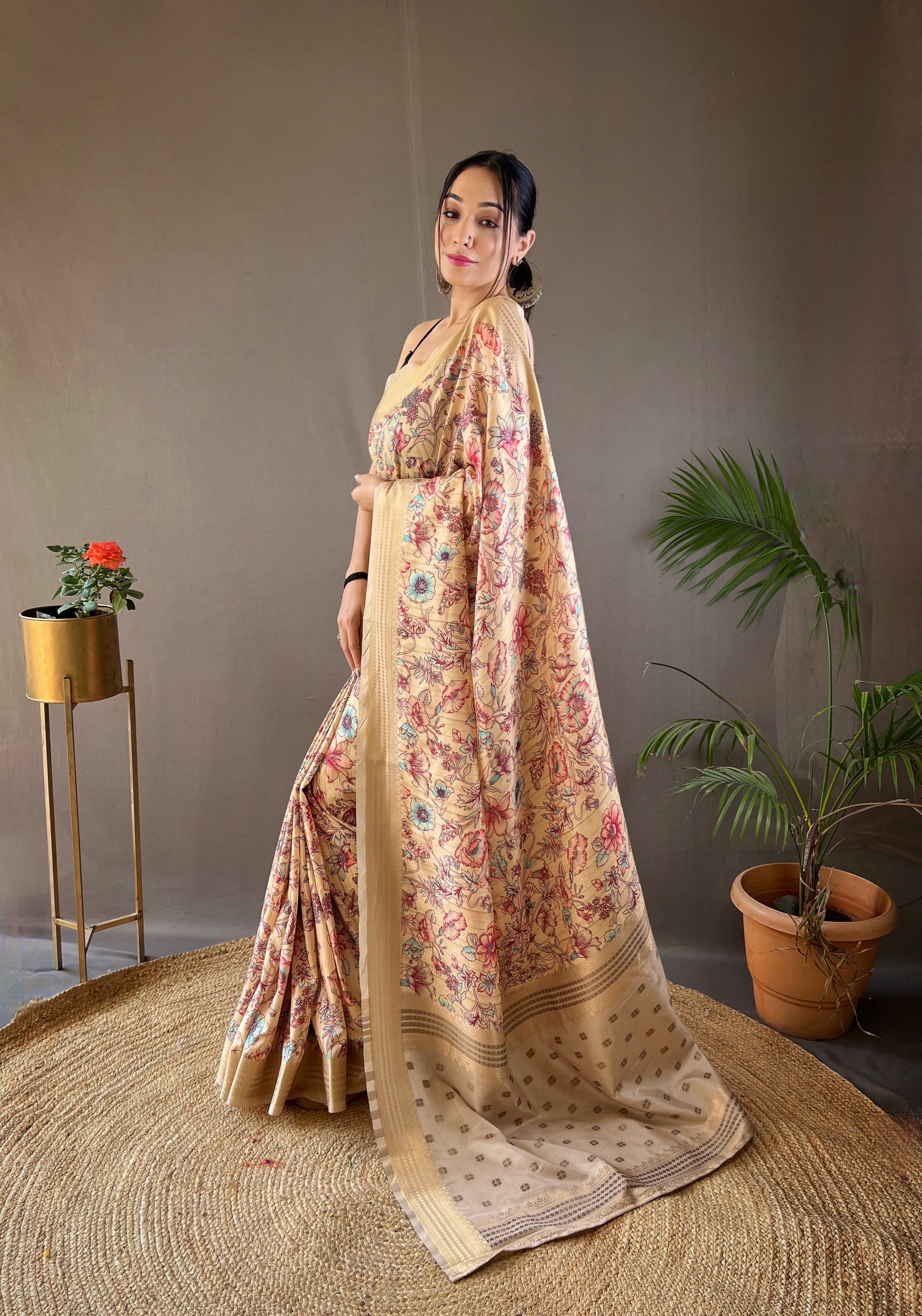 Delicate Beige Color Soft Silk Saree with Digital Printed Designs