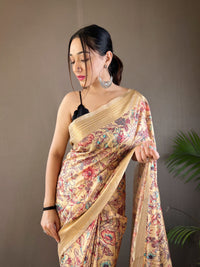 Delicate Beige Color Soft Silk Saree with Digital Printed Designs