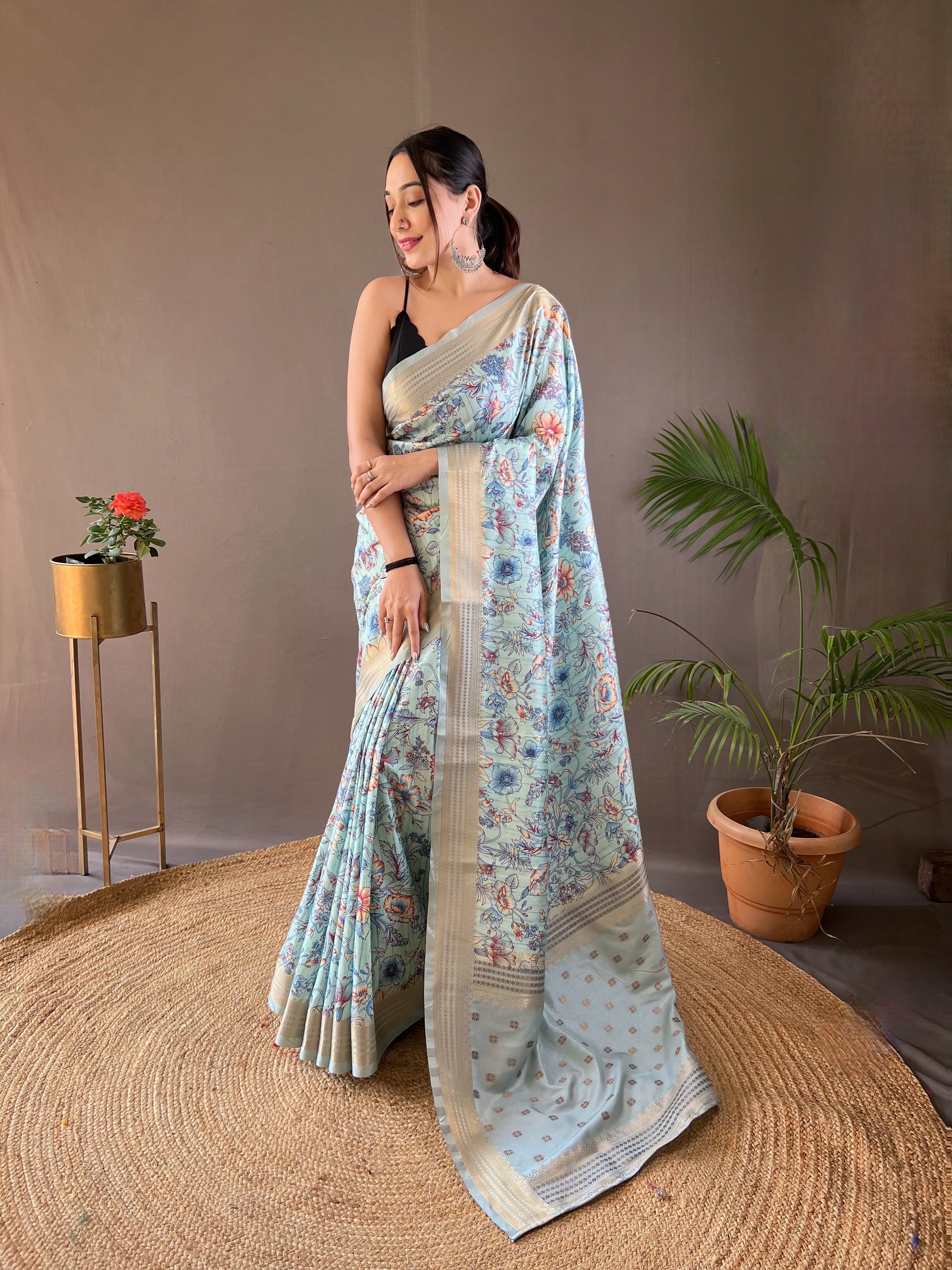 Ornate Light Blue Color Soft Silk Saree with Digital Printed Designs