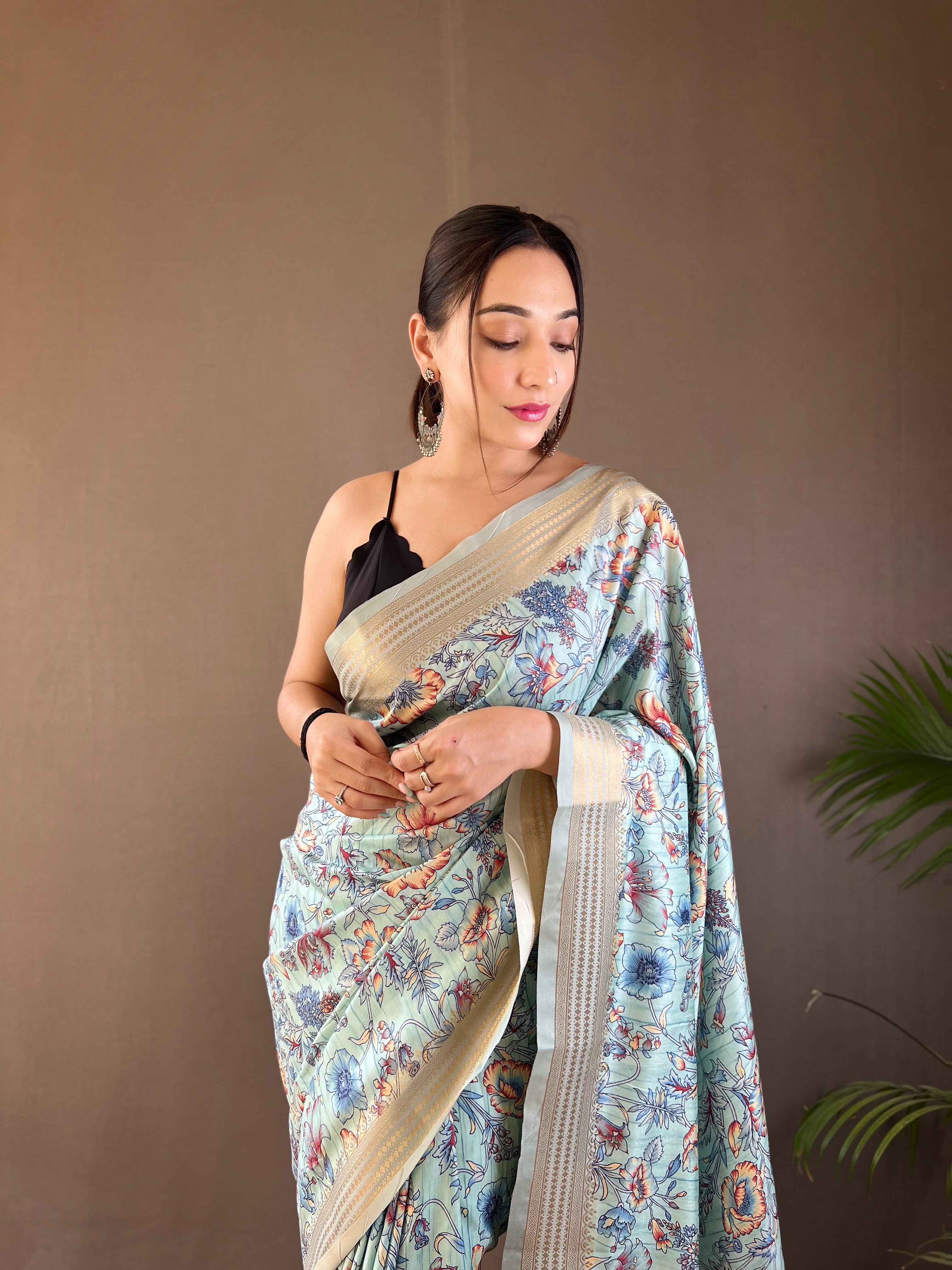 Ornate Light Blue Color Soft Silk Saree with Digital Printed Designs