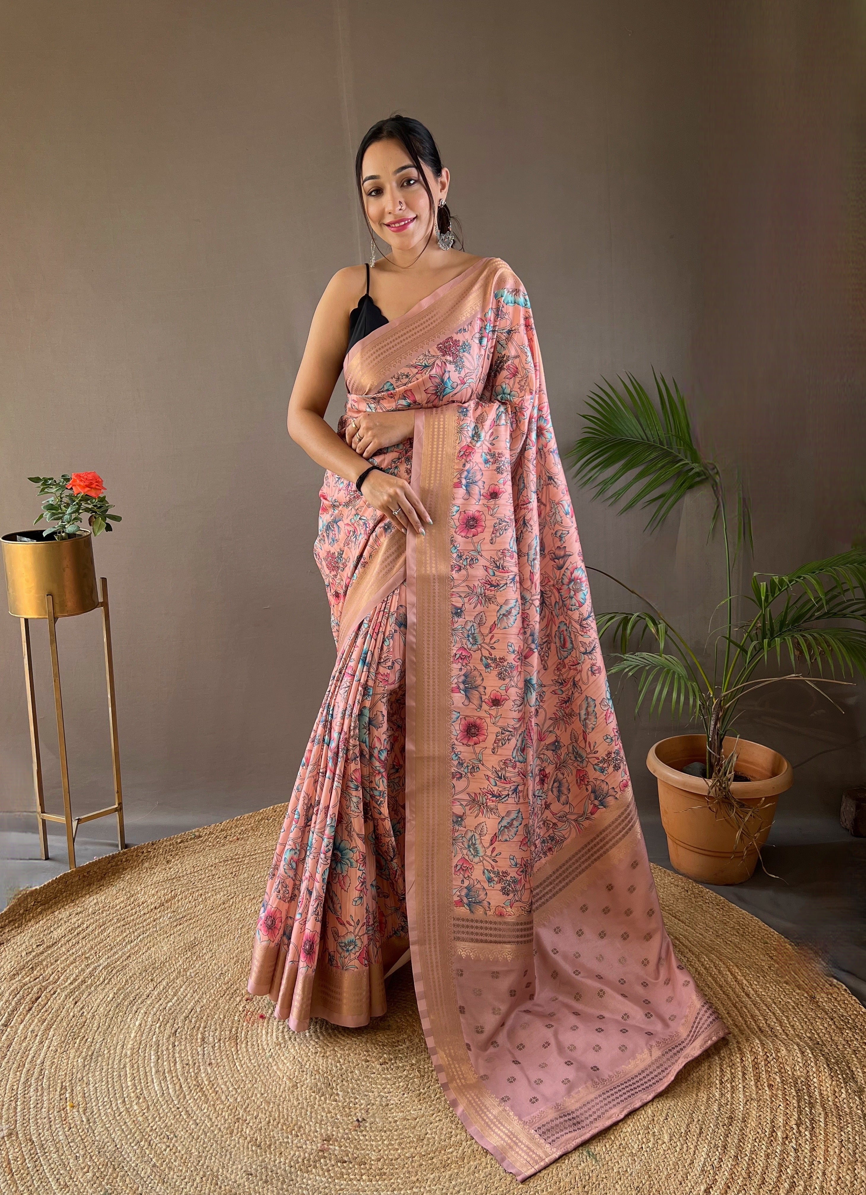 Vibrant Peach Color Soft Silk Saree with Digital Printed Designs