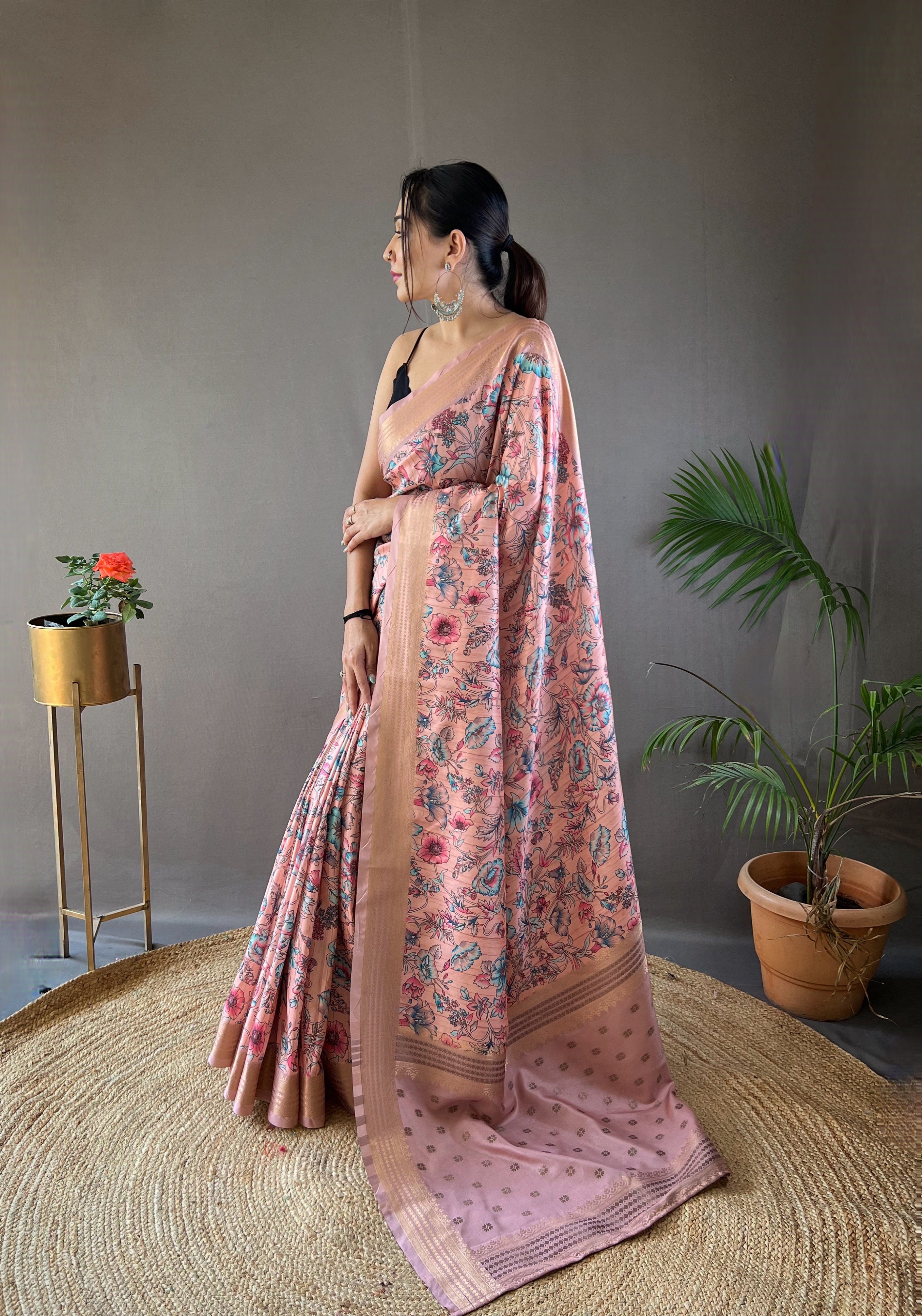 Vibrant Peach Color Soft Silk Saree with Digital Printed Designs