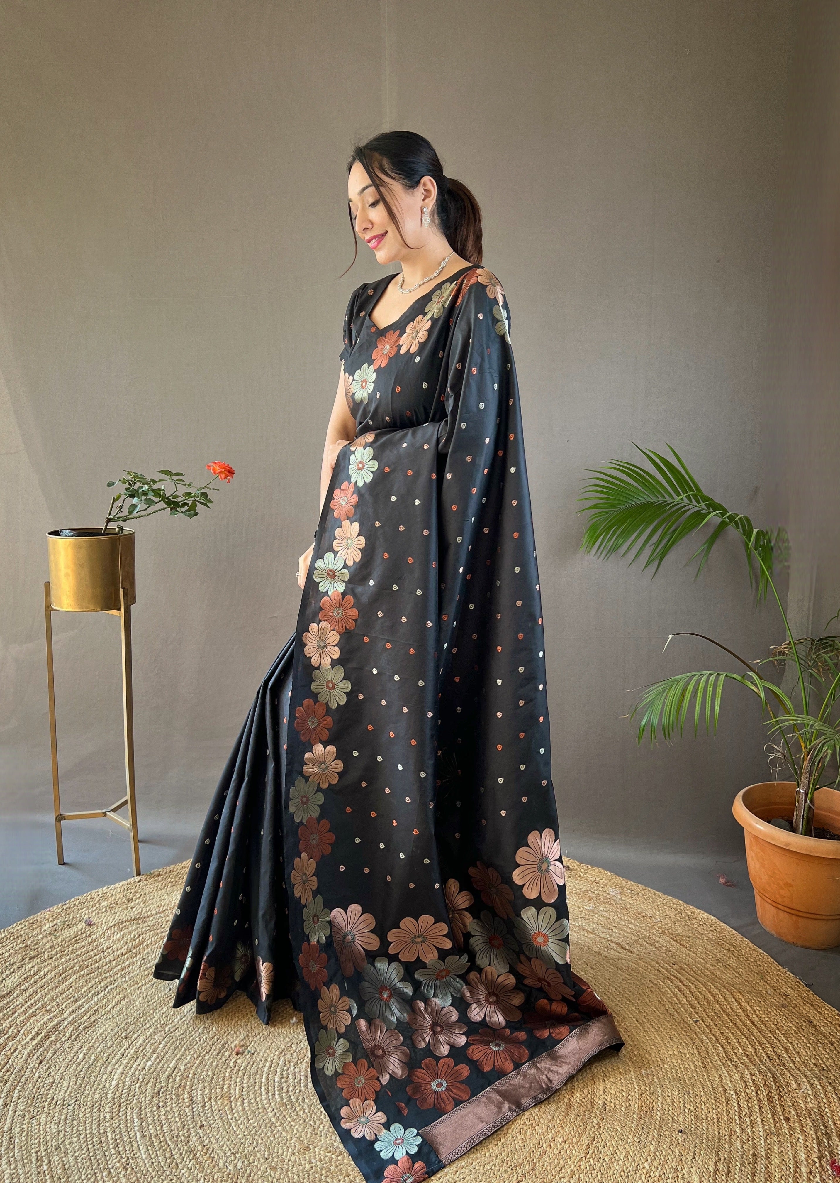 Luminescent Black Color Soft Silk Saree