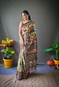 Captivating Pista Green Color Cotton Saree with Kalamkari Digital Printed Designs