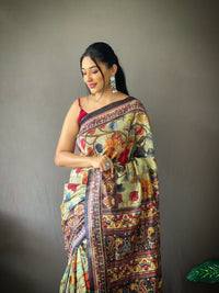 Captivating Pista Green Color Cotton Saree with Kalamkari Digital Printed Designs