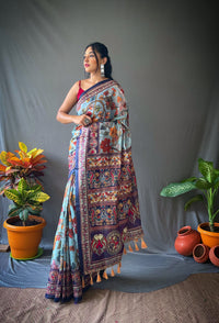 Euphoric Blue Color Cotton Saree with Kalamkari Digital Printed Designs