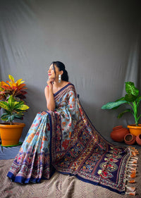 Euphoric Blue Color Cotton Saree with Kalamkari Digital Printed Designs