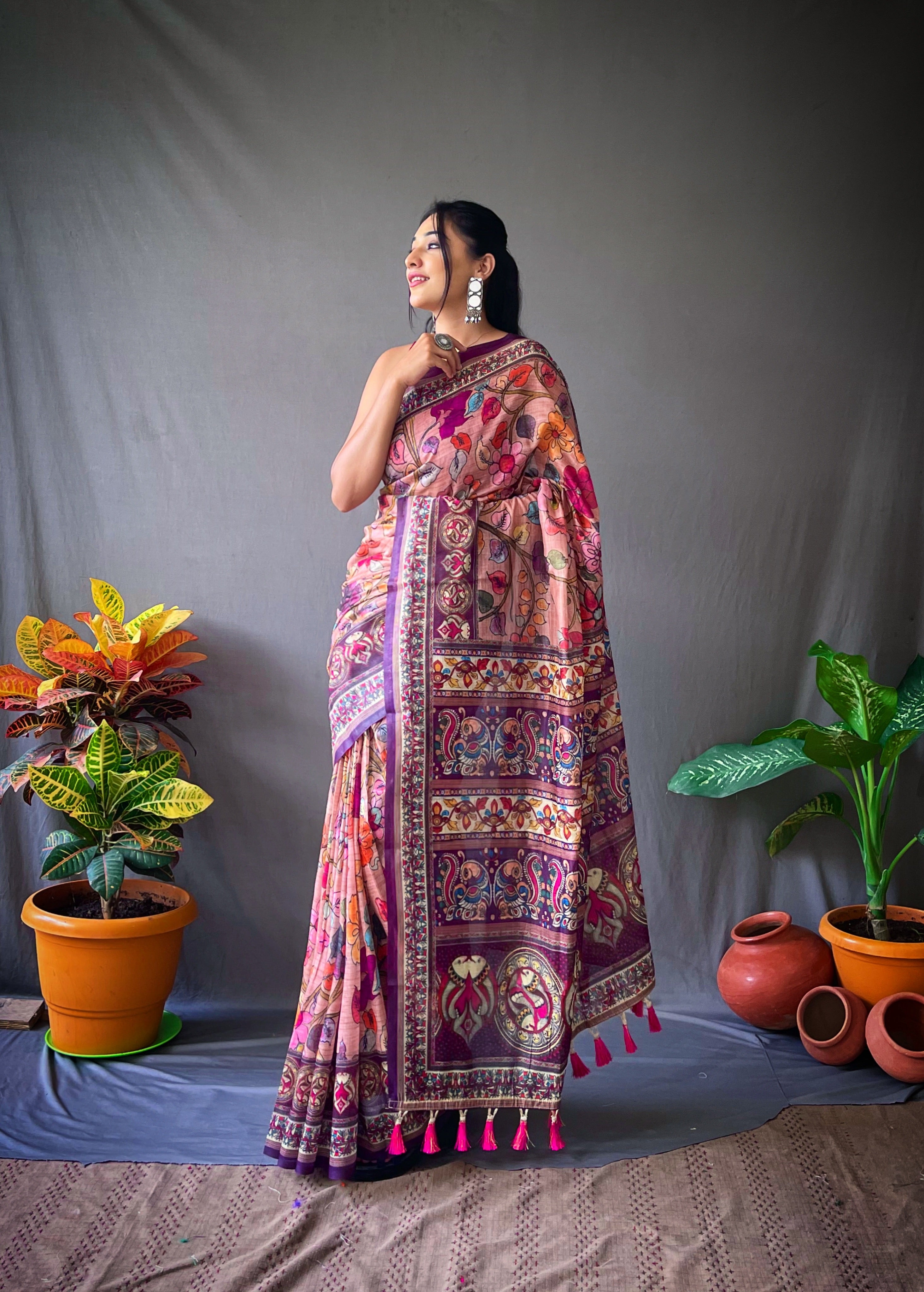 Exquisite Peach Color Cotton Saree with Kalamkari Digital Printed Designs